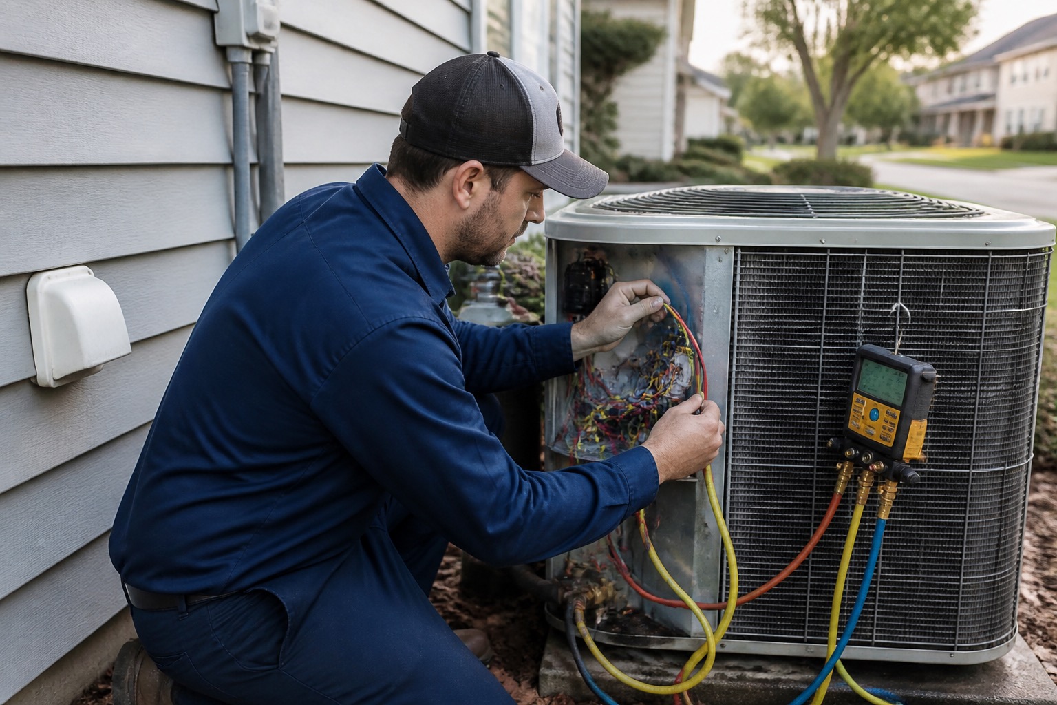HVAC technician servicing equipment for a residential customer