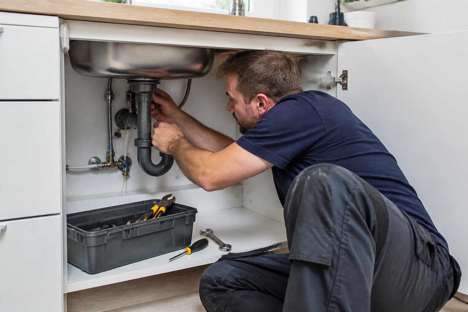 Plumber performing repair work under a kitchen sink