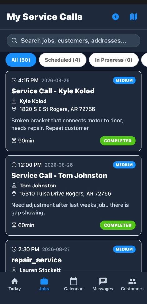 ServiceFlow Pro mobile app service calls list